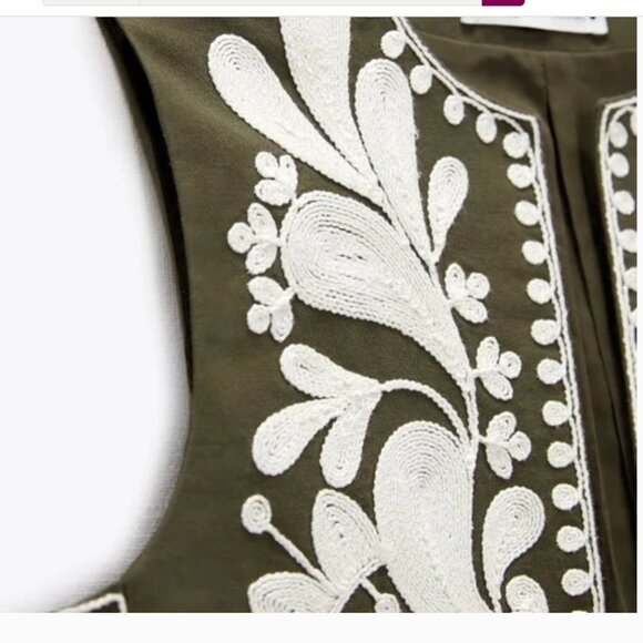 Zara CONTRAST EMBROIDERED VEST Olive Green/White Size M - Picture 6 of 16